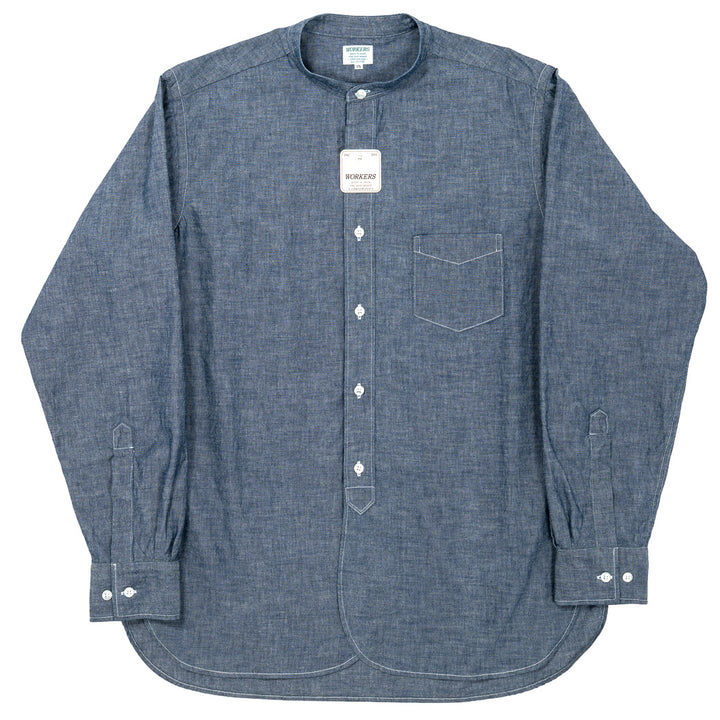 WORKERS ワーカーズ Band Collar Shirt, Indigo Chambray