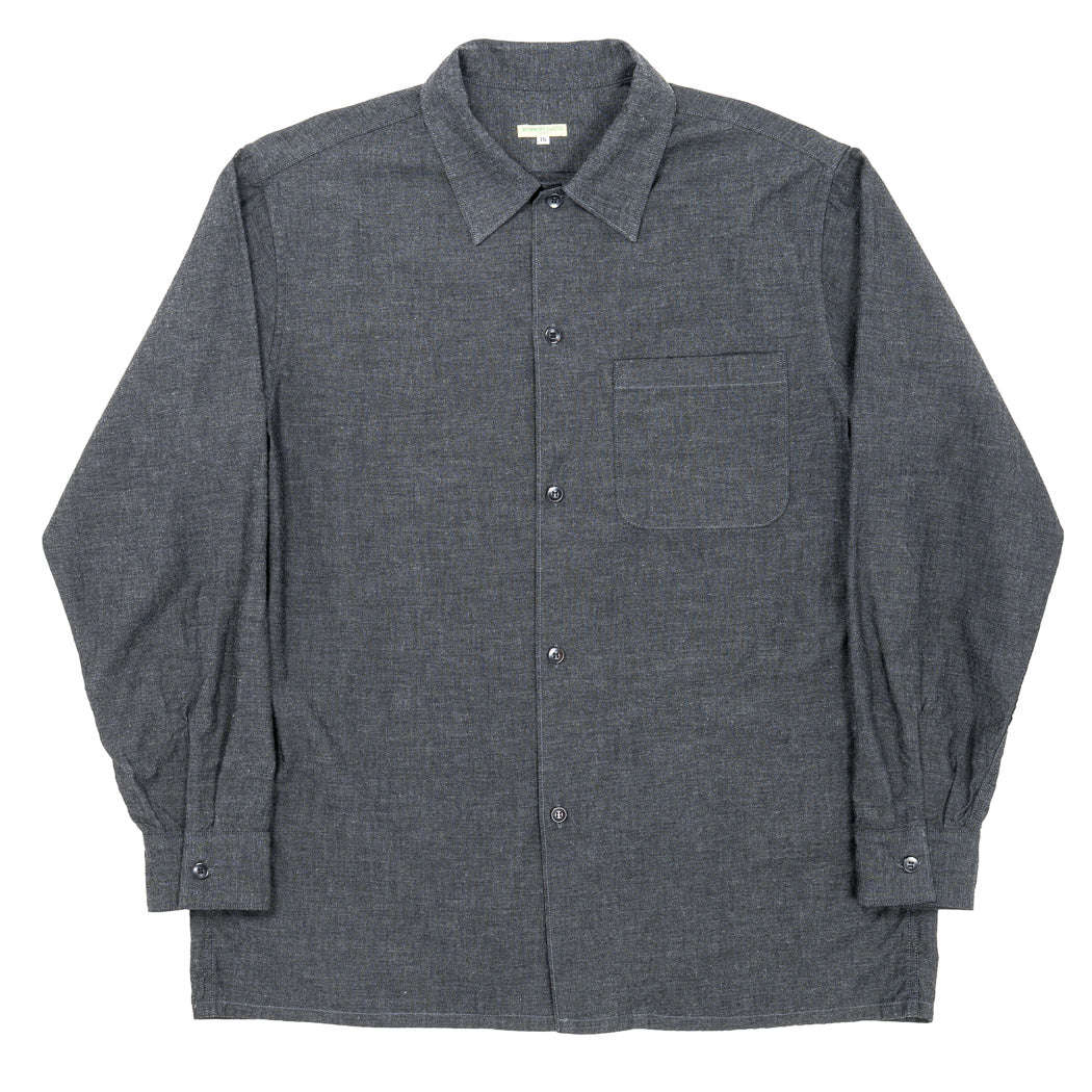 WORKERS ワーカーズ Open Collar Shirt, Cotton Smoky Chambray