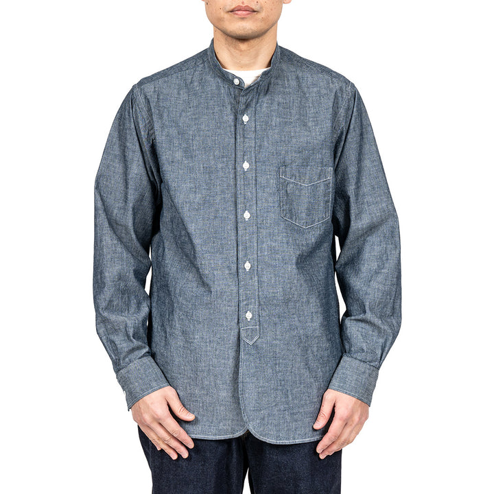 WORKERS ワーカーズ Band Collar Shirt, Indigo Chambray