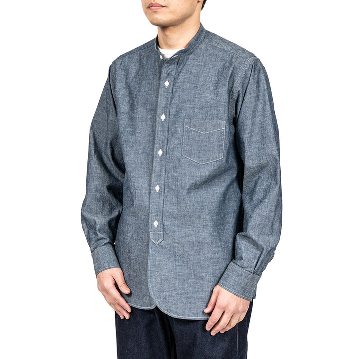 WORKERS ワーカーズ Band Collar Shirt, Indigo Chambray