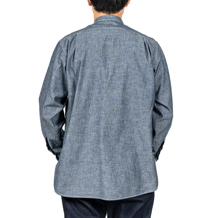 WORKERS ワーカーズ Band Collar Shirt, Indigo Chambray